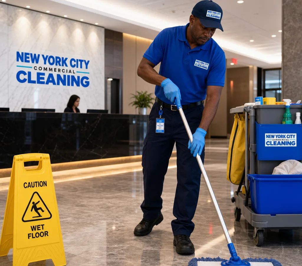 Commercial cleaning team at work