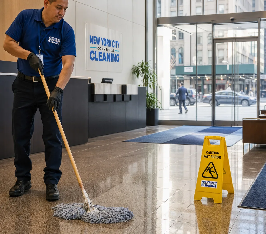 Commercial cleaning team at work